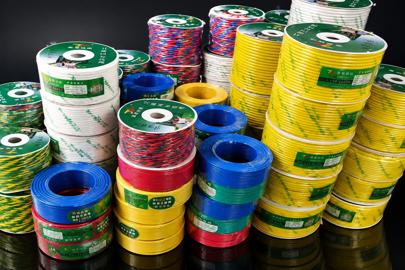 Coils of colour-coded Jiaxing building wire stacked on a pallet