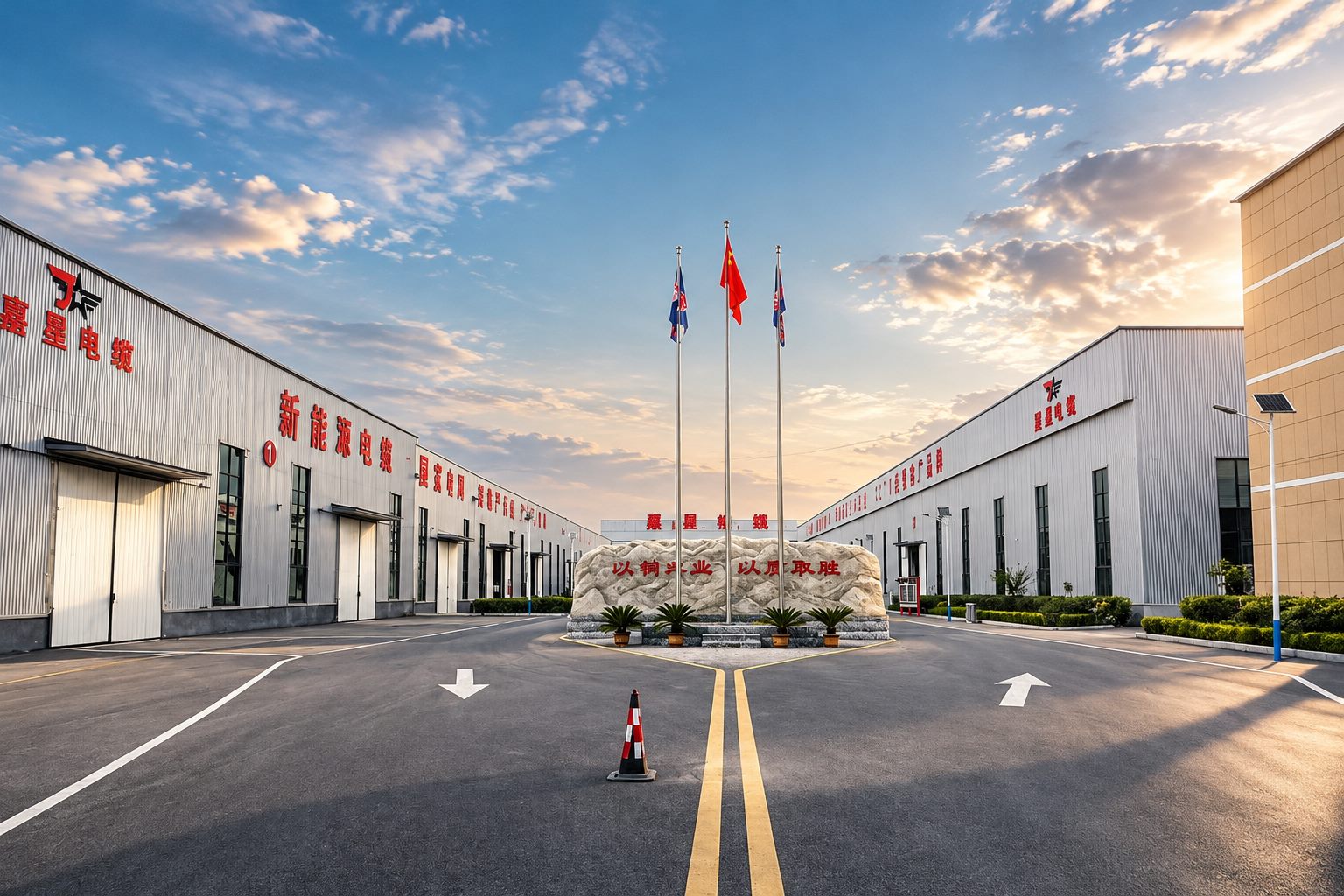 Production halls along the main road of the campus