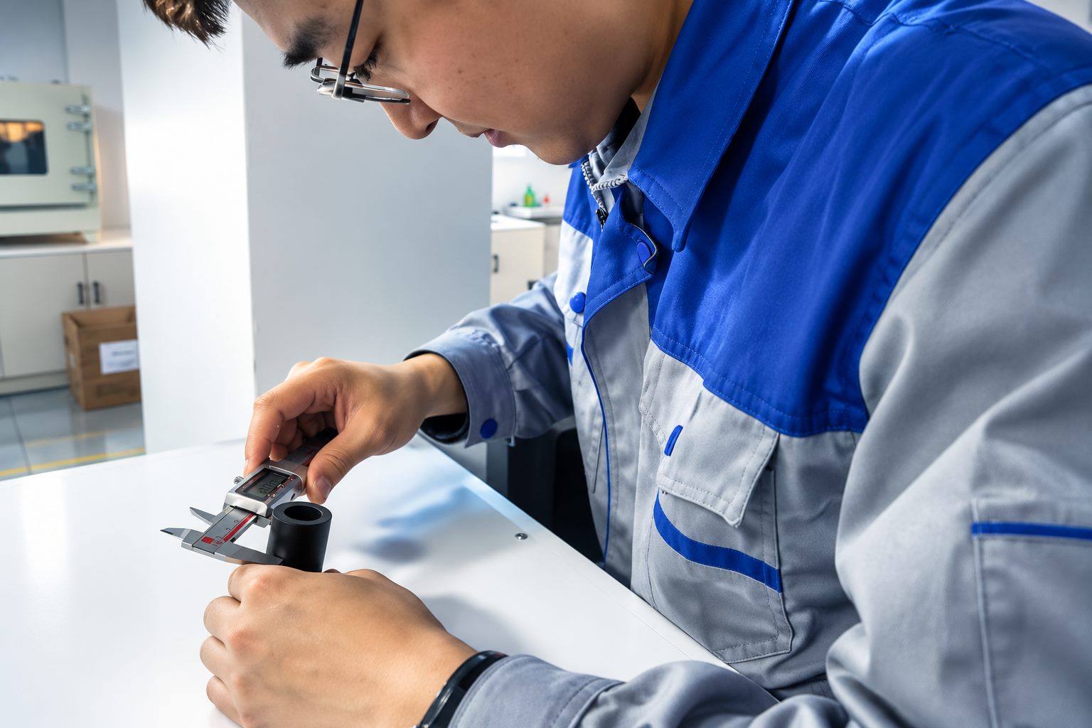 Inspector measuring cable dimensions with a caliper