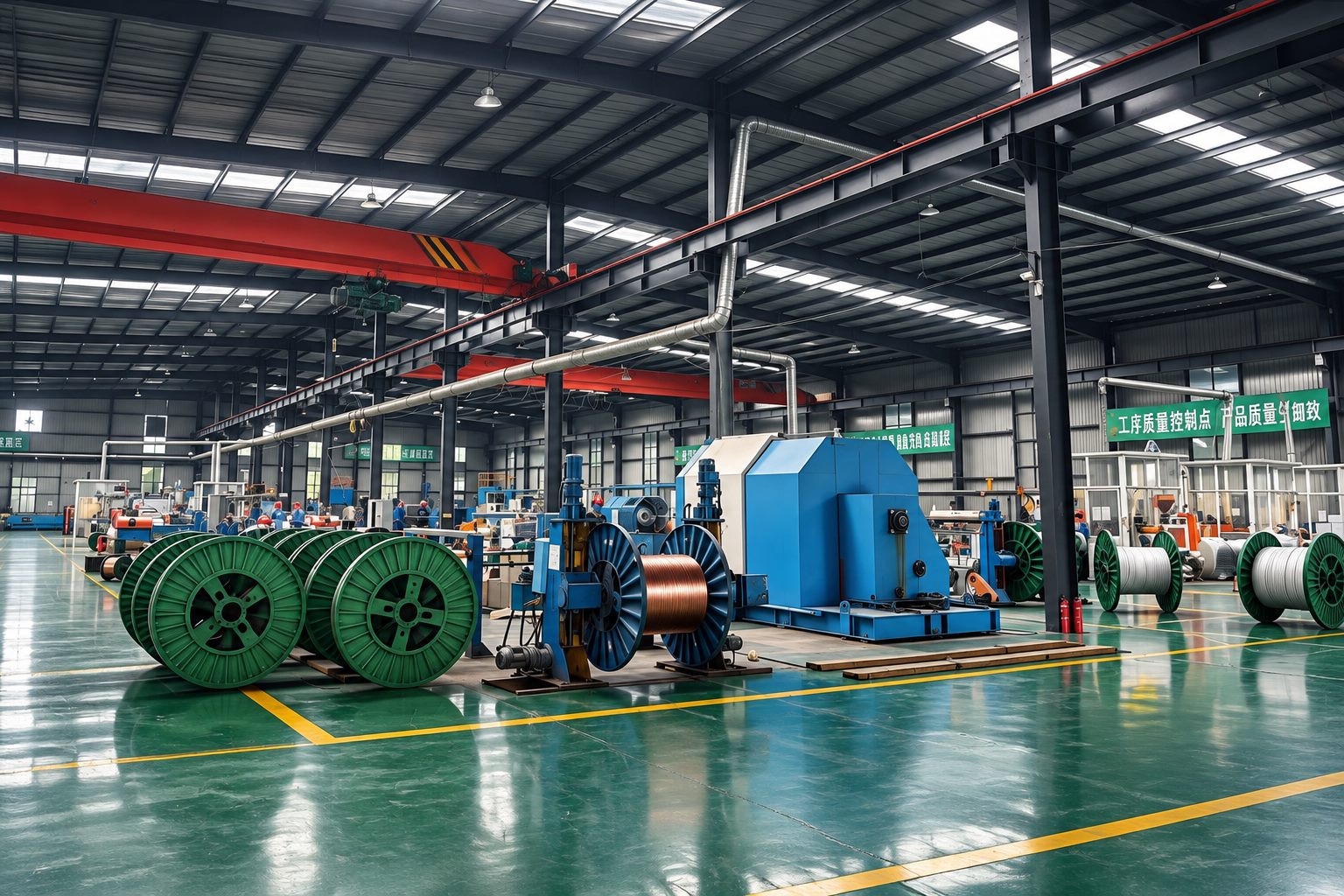 Cable production workshop with cabling machines and drums